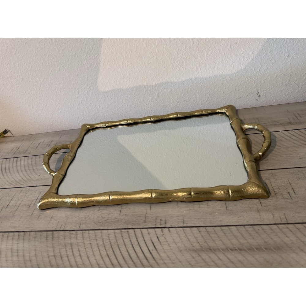 Vintage Modern Brass Finish Metal Faux Bamboo Mirrored Cocktail Serving Tray
